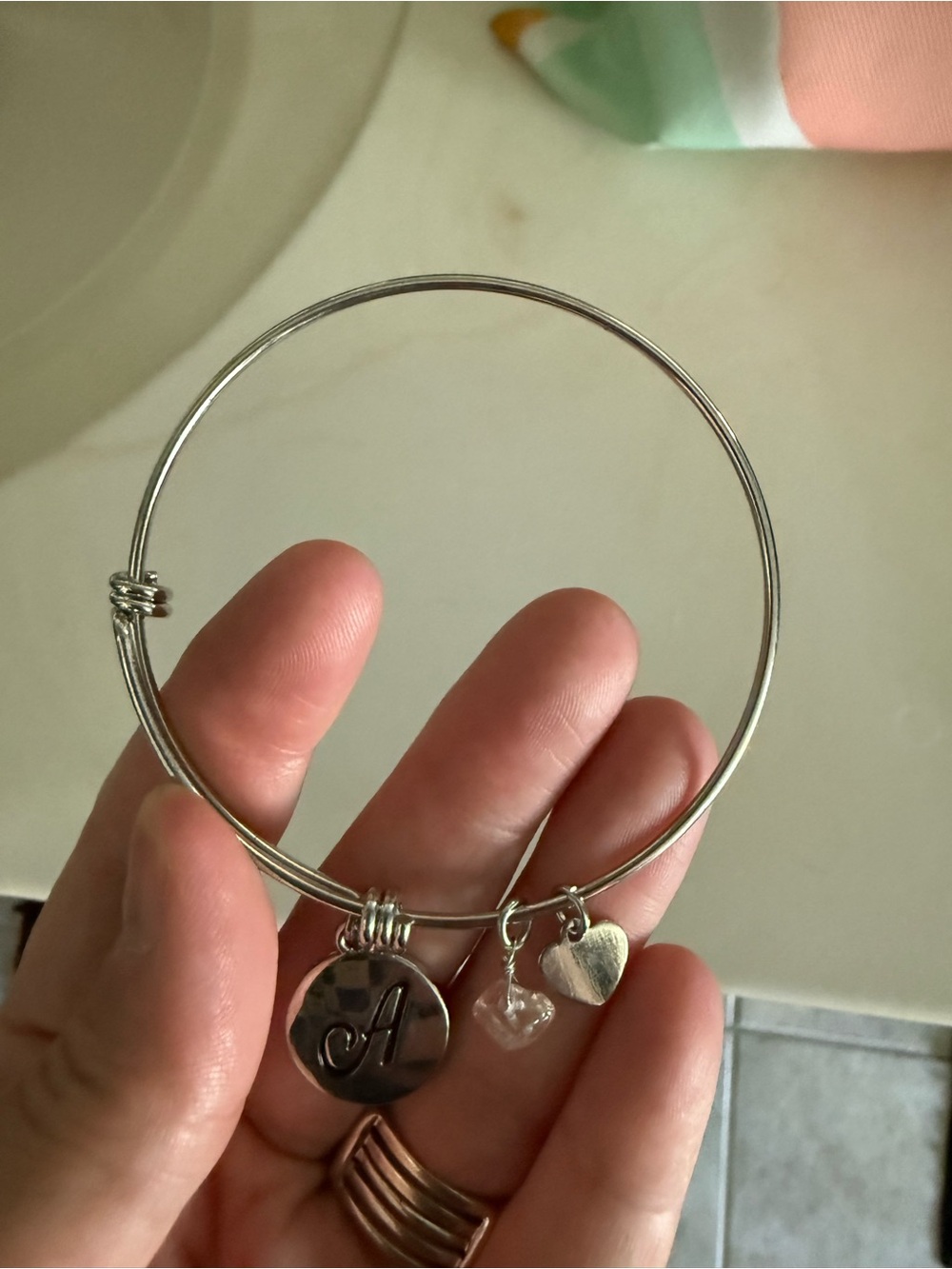 Initial A Silver Charm Bangle Bracelet with Heart and Crystal